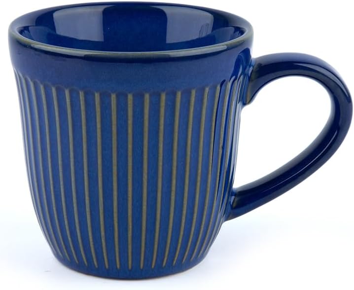 Daiso Navy Blue Stripe Embossed Ceramic Mug - Modern Ribbed Coffee Tea Cup - Image 1